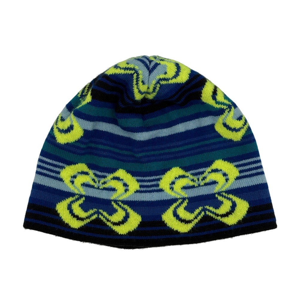 Vintage 90s Beanie Hat Unisex Graphic Neon Yellow Blue Knit Streetwear Skull Cap